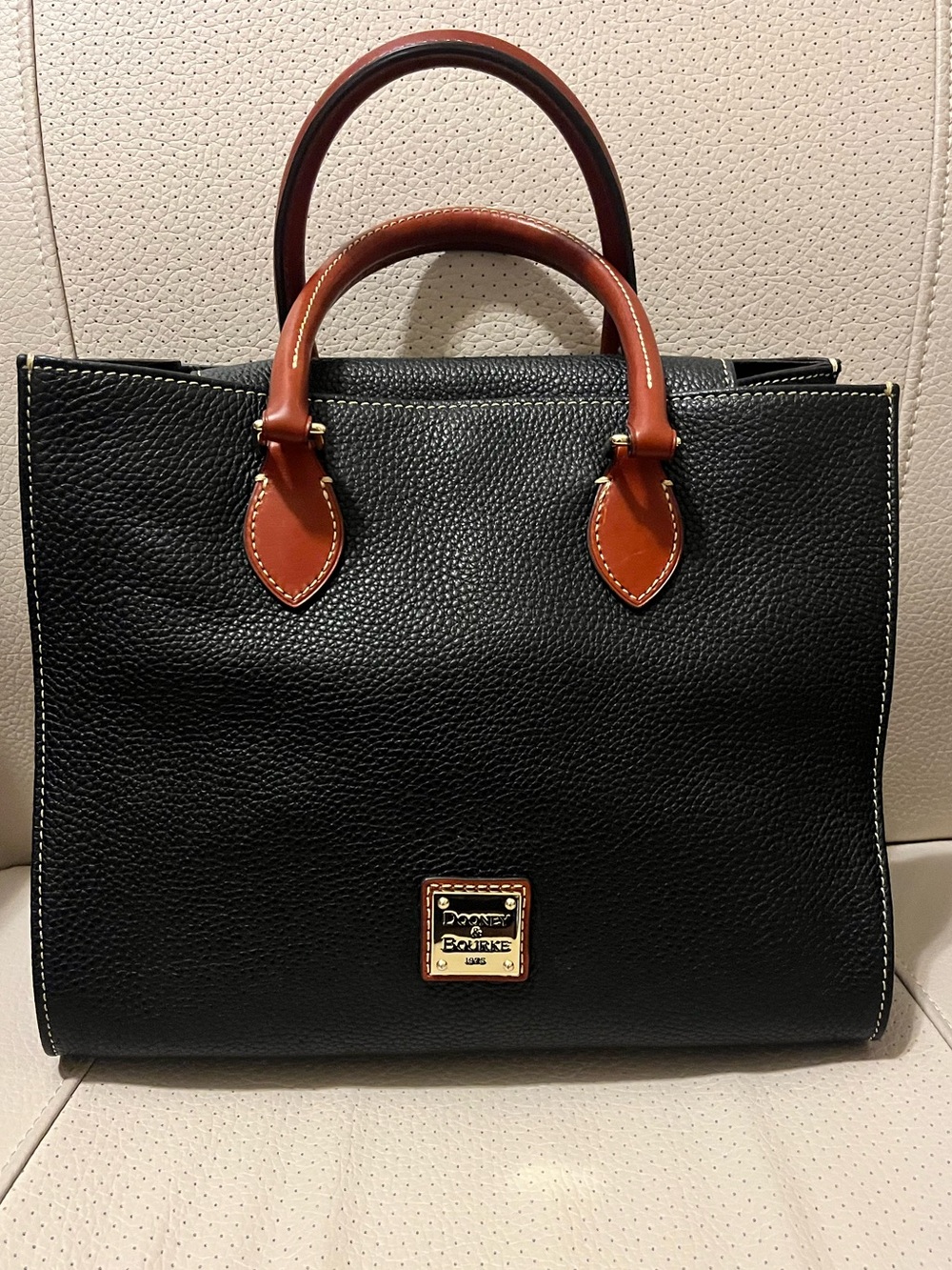 Dooney & Bourke Black Pebbled Leather Janine Satchel with Brown Handles